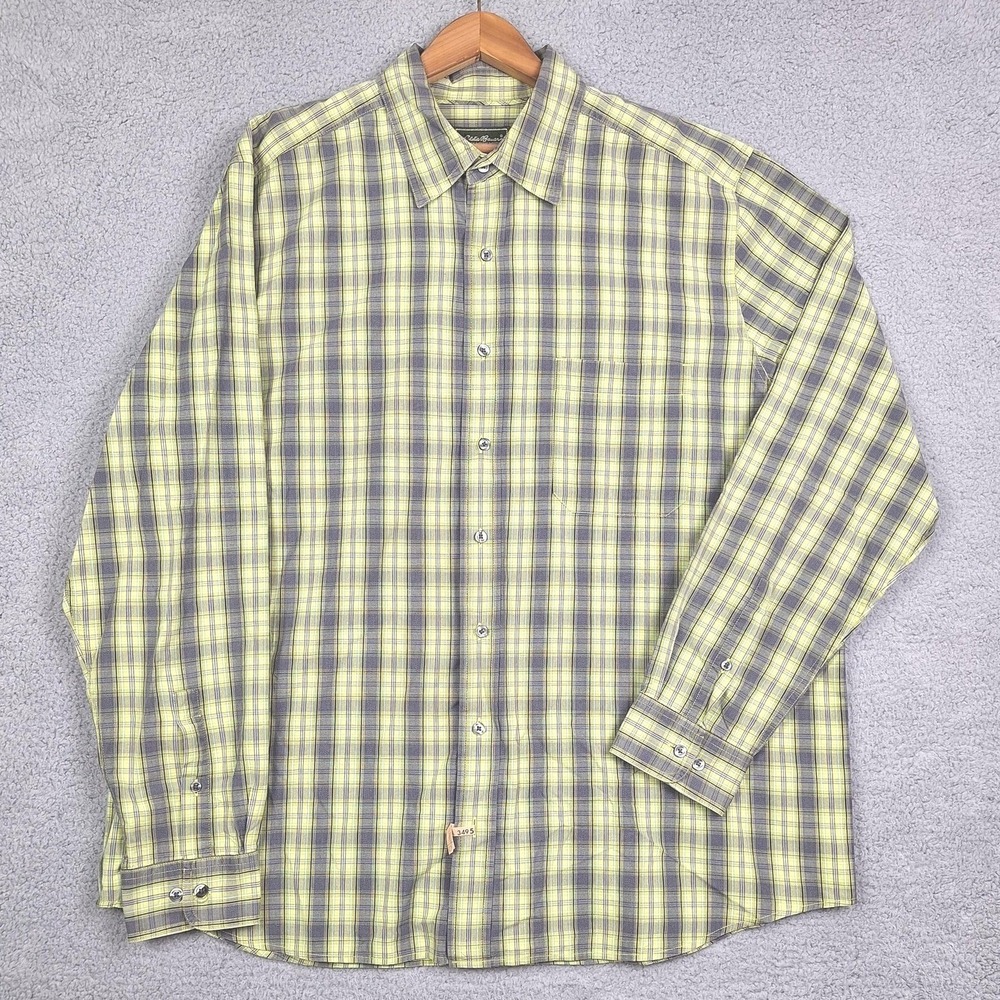Eddie Bauer Shirt Mens XL Tall Yellow Gray‎ Plaid Button Down 100% Cotton Preppy
